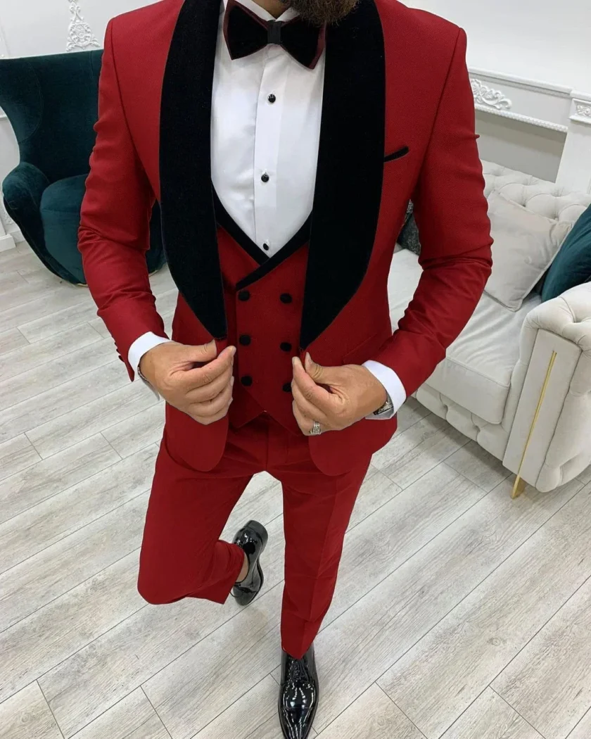 Autumn Winter Burgundy Elegant Men Suit Formal Wedding Groom Tuxedo Slim Fit Blazers Shawl Lapel High Quality Custom 3 Piece Set - Image 3