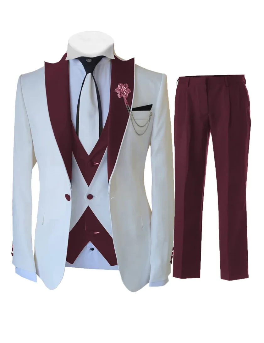 Fashion Luxury Tailor-made White Suits For Men 3 Piece Set Slim Fit Formal Wedding Best Man Groom Tuxedo(jacket+Vest+Pants) - Image 4