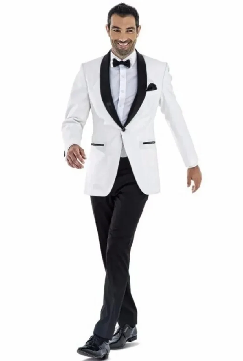 White Groom Tuxedos Black Shawl Lapel Slim Fit Men Wedding Tuxedo Fashion Men Jacket Blazer Men Prom Dinner Men Suit 2 pieces - Image 2