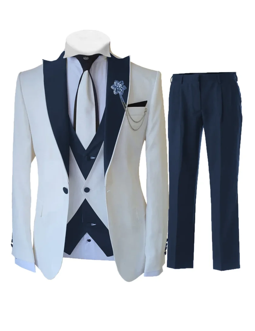 Fashion Luxury Tailor-made White Suits For Men 3 Piece Set Slim Fit Formal Wedding Best Man Groom Tuxedo(jacket+Vest+Pants) - Image 3