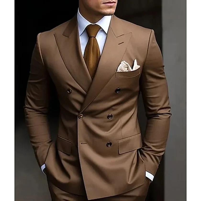 Brown Men's Suits Double Breasted Bespoke Double Breasted Peaked Lapel Formal Blazer Slim Fit 2 Piece Jacket+Pants - Image 2