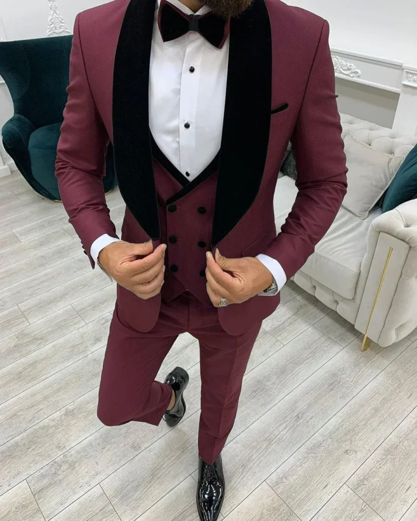 Autumn Winter Burgundy Elegant Men Suit Formal Wedding Groom Tuxedo Slim Fit Blazers Shawl Lapel High Quality Custom 3 Piece Set