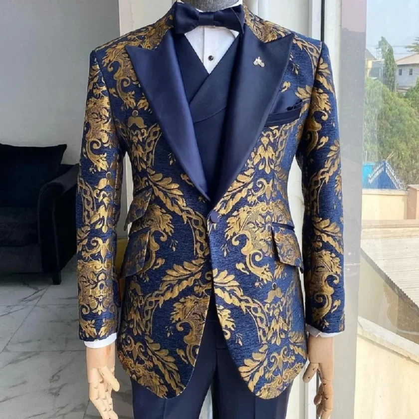 Jacquard Floral Tuxedo Suits for Men Wedding Slim Fit Navy Blue and Gold Gentleman 3 Piece Male Costume ( Jacket+Vest+Pant)