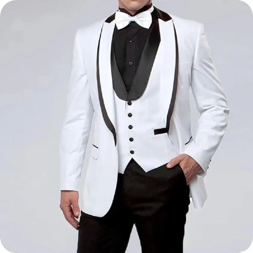 White Men Suits for Wedding Suits Groom Black Lapel Slim Fit Formal Prom Custom Blazer Tuxedo Best Man Terno Masculino 3 Pieces - Image 2